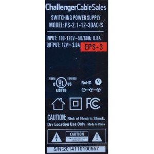 ADAPTADOR CHALLENGER EPS-3 / SWITCHING POWER SUPPLY / PS-2.1-12-3DAC-S /  ENTRADA VCA 100-120V /  SALIDA VCD 12V - 3.0A / 50-60Hz / EPS-3 / MODELO  PS-2.1-12-3DAC-S	